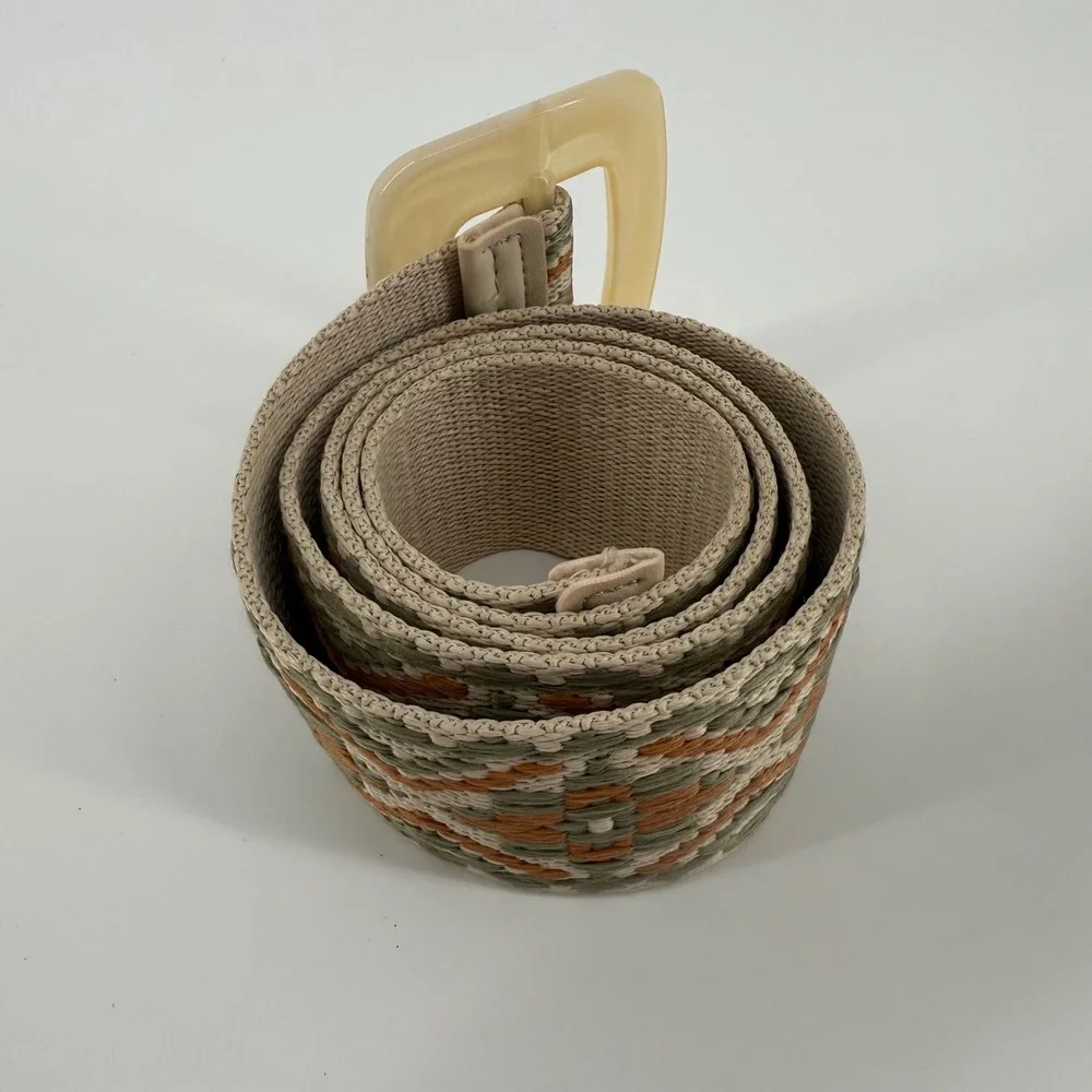 Woven‎ Belt Beige Green Orange Aztec Pattern Statement Buckle Women's